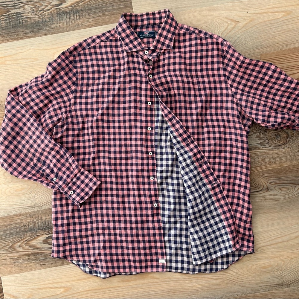 Vineyard Vines Pink and Navy Check Cotton Button-Down Shirt XL